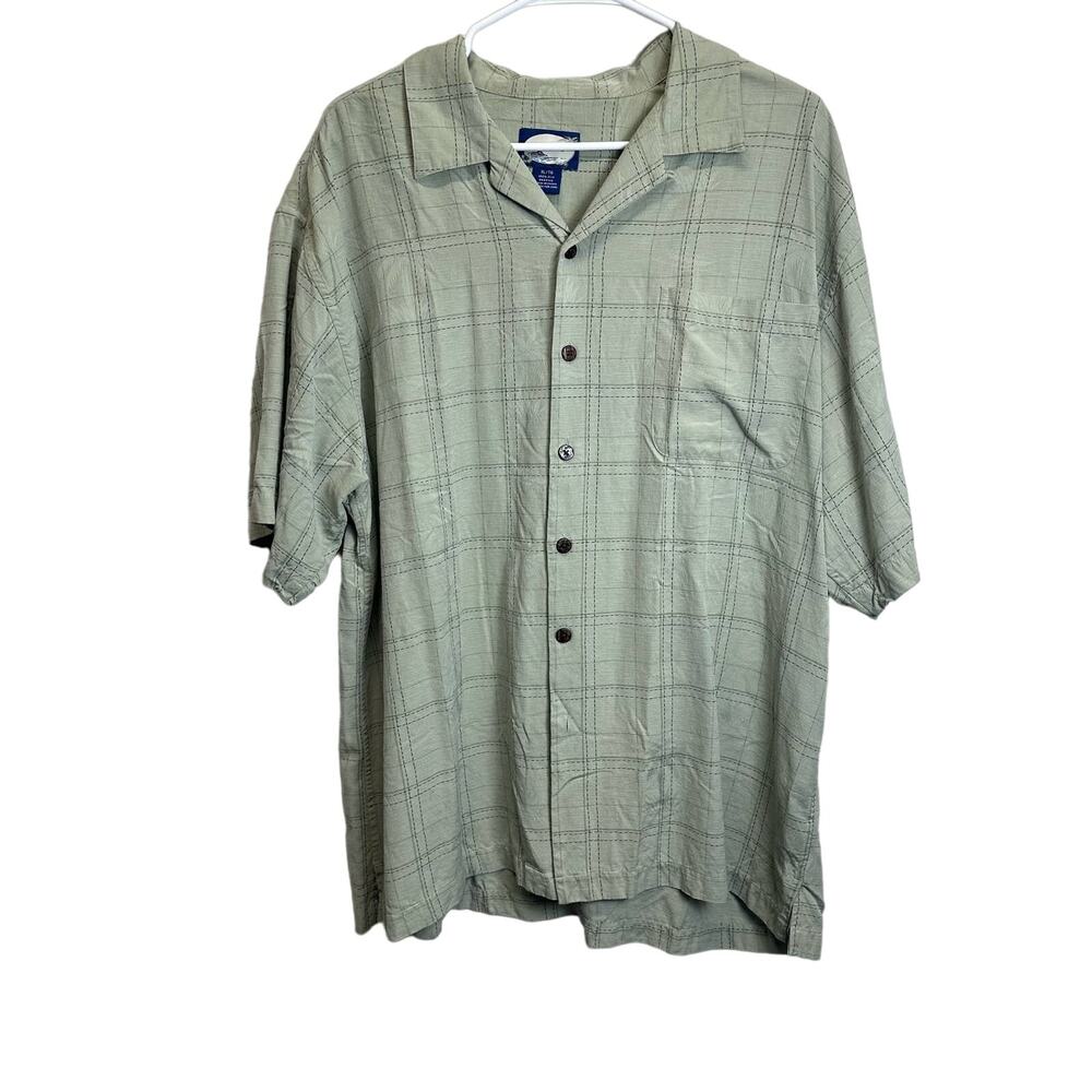 Porcini Short Sleeve Shirt 100% Silk Checkered Button Up Men’s XL Green Hawaiian